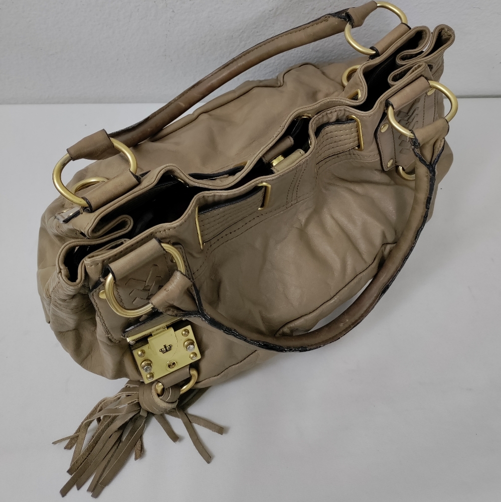 JUICY COUTURE Taupe Leather Satchel Shoulder Bag Handbag - Picture 6 of 12